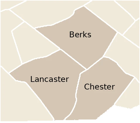 Map of Lancaster, Berks, and Chester counties in southeastern Pennsylvania
