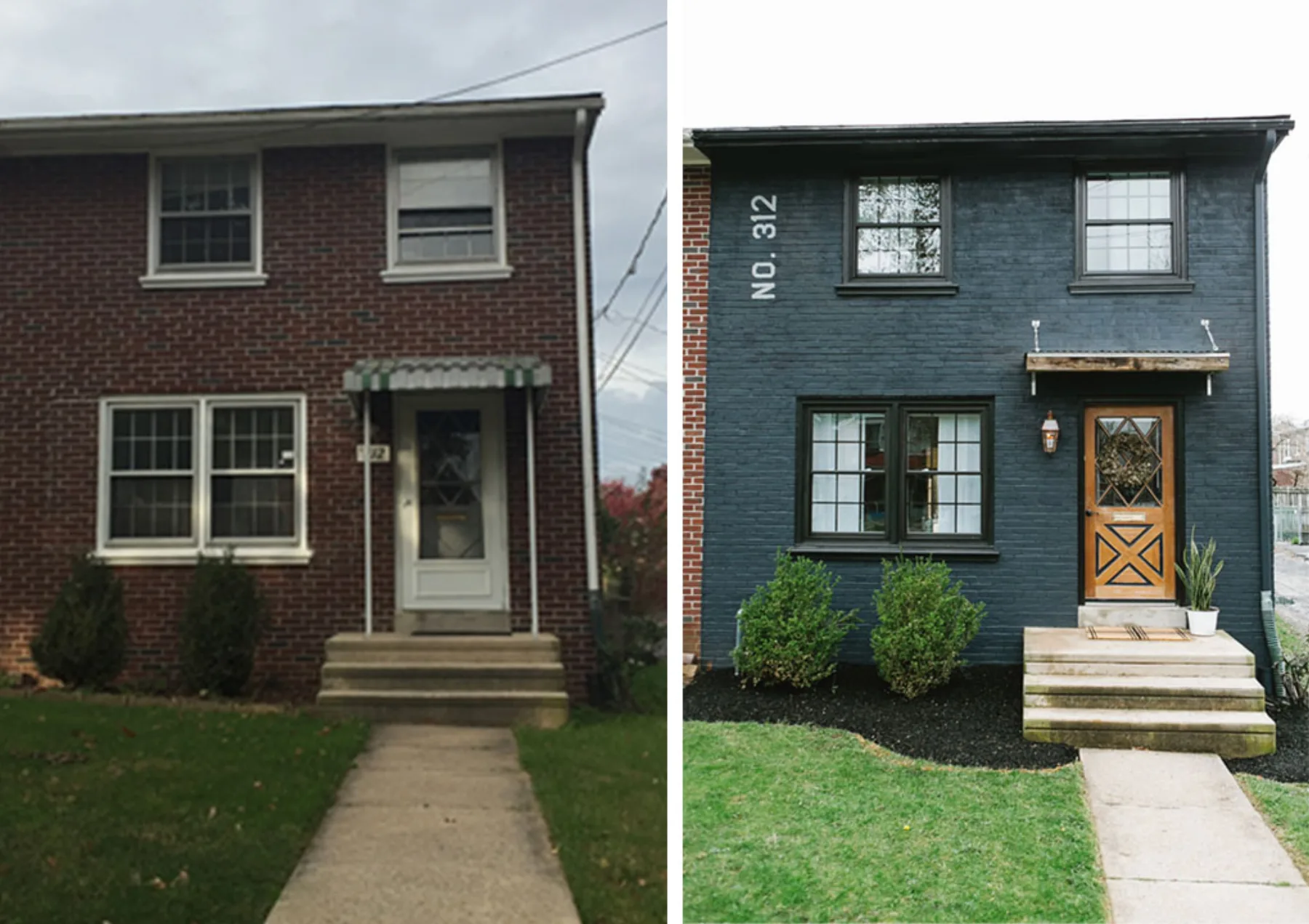 Before and after restoration of brick row house
